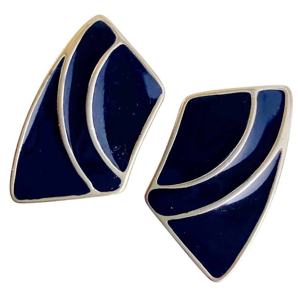 VTG Signed Trifari Clip On Earrings Black Enamel Gold Tone 1980s Geometric Style